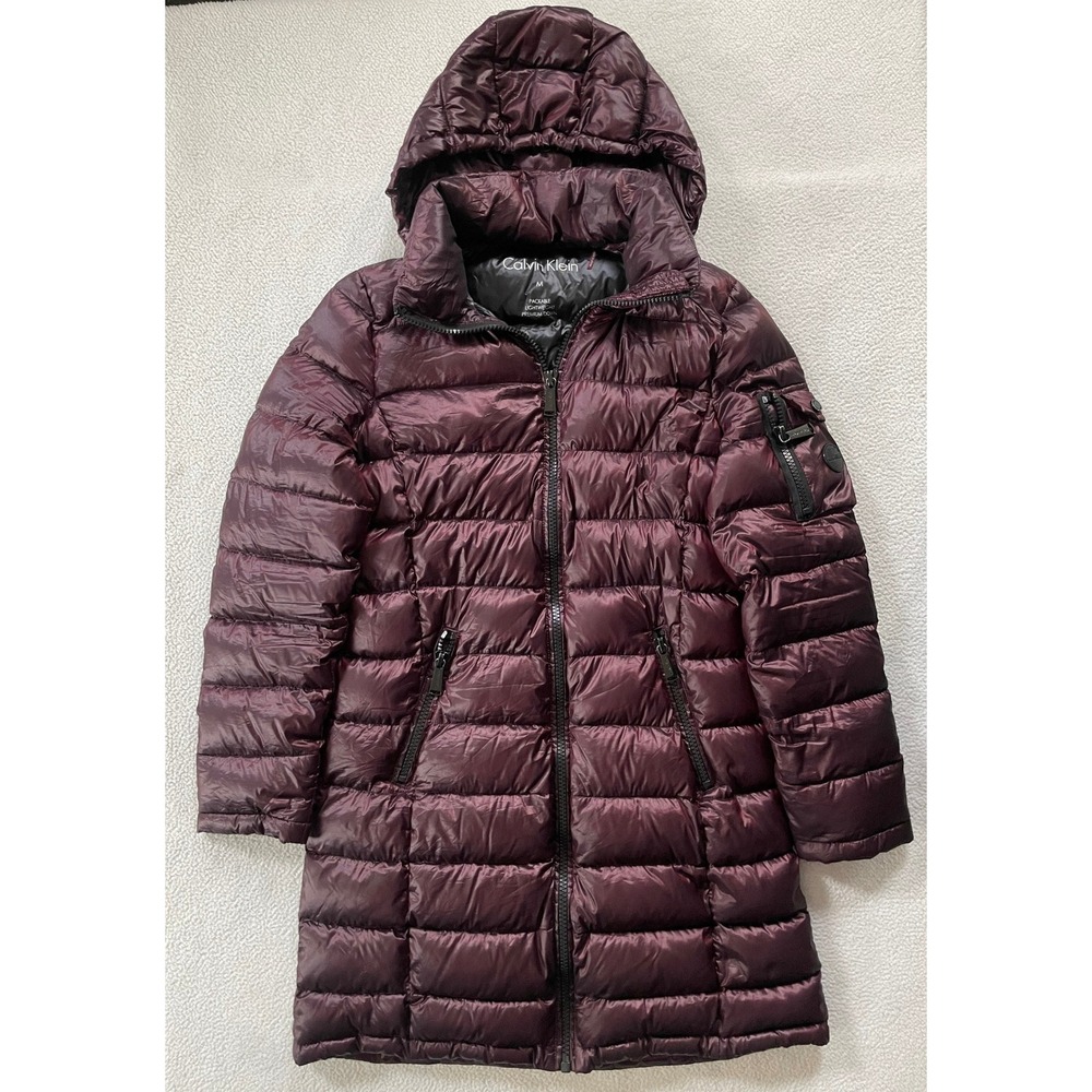 Calvin Klein Womens Medium Puffer Coat Burgundy Packable Down Quilted Jacket